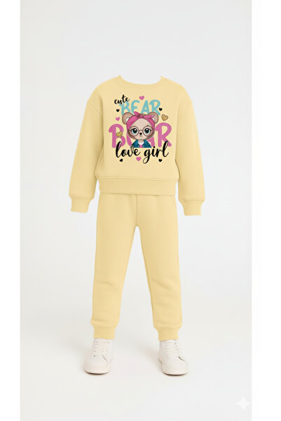 LİTTLE TORTOİSE Girl's Cute Bear Printed Fleece-Lined Sweatshirt Tracksuit Set