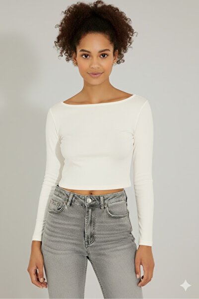 Sienza Women's Ecru Backless Long Sleeve Crop Blouse