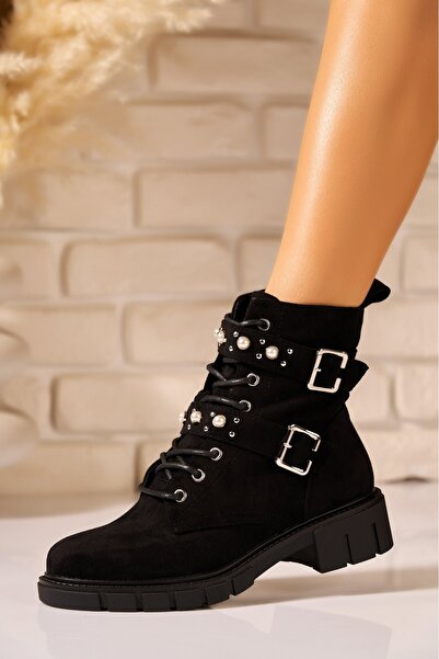 Joana Ghete de damă negre din piele întoarsă artificială, căptușite cu blană