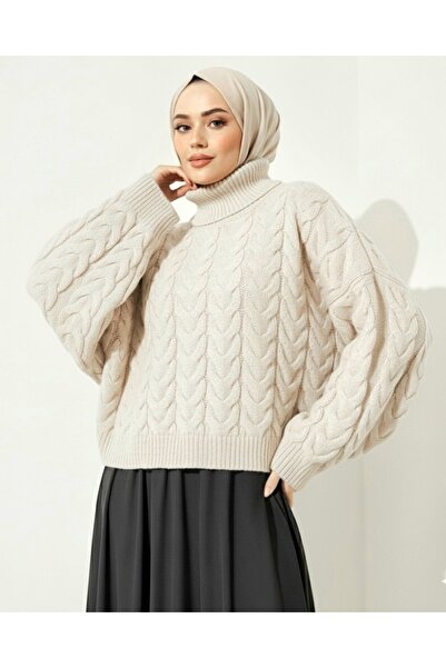 Modamorfo Knitted Patterned High Neck Sweater - Ecru