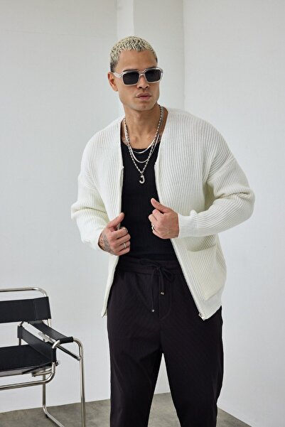 İLKCET MODA Zippered White Oversized Open Collar Knitwear Cardigan