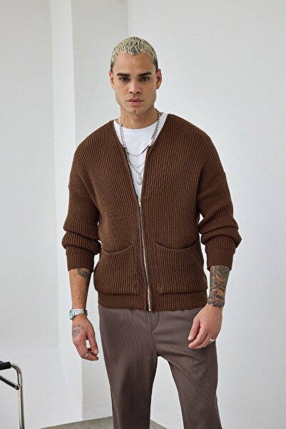 İLKCET MODA Zippered Brown Oversized Open Collar Knitwear Cardigan