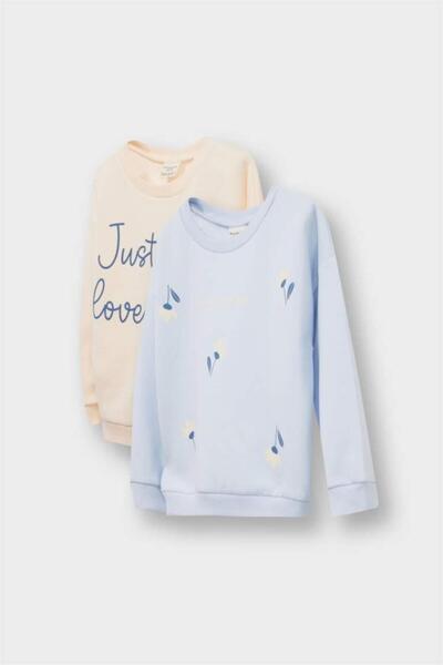 DeFacto Kız Bebek Bisiklet Yaka Baskılı İçi Yumuşak Tüylü 2'li Sweatshirt (25...