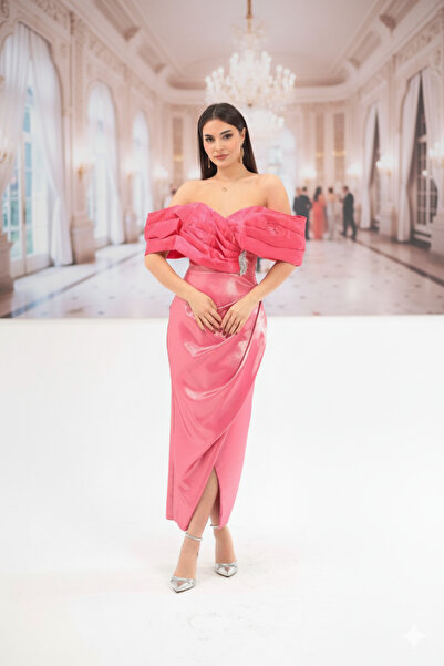 Robes Düşük Omuz Drape Detaylı Tafta Balık Midi Abiye-7053