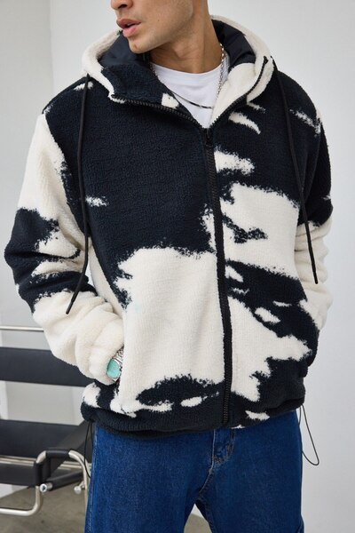 İLKCET MODA Cloud Patterned Lined Hooded Plush Coat