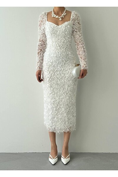 Mostpera Kalp Yaka Uzun Kollu Folers Çiçek Desenli Elbise