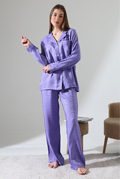 ÖNE BUTİK Jagarli Satin Long Pajama Set Li̇kapa