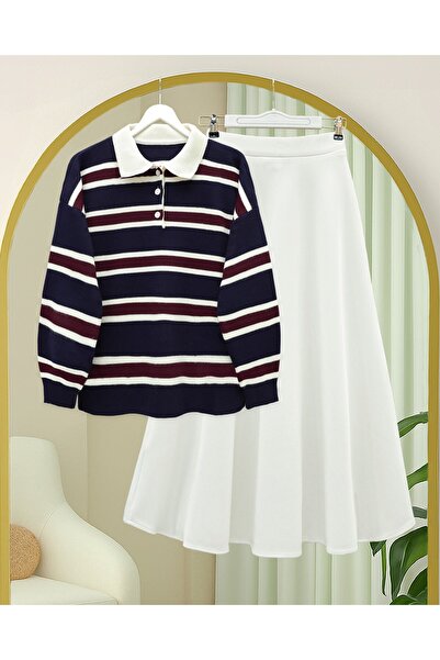 Modamorfo Polo Neck Buttoned Colorful Striped Knit Sweater - Navy
