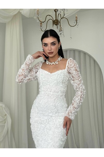 Mostpera Kalp Yaka Uzun Kollu Folers Çiçek Desenli Elbise