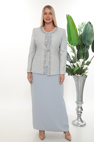 MİSS DİAMOND Elegant stone embroidered chic lined water blue long skirt three...