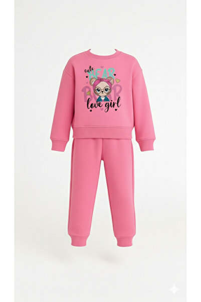 LİTTLE TORTOİSE Girl's Cute Bear Printed Fleece-Lined Sweatshirt Tracksuit Set