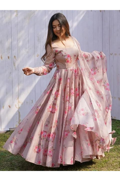 MYSMAR Peach Georgette Gown - FFT1070 | Peach