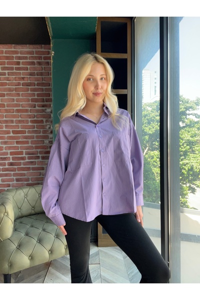 BRN Butik Kadın Mor Çizgili Düğmeli Rahat Kesim Gömlek