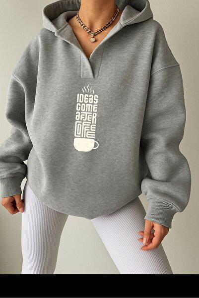 Deocept Unisex Gray V-Neck Hooded Printed Oversized Sweatshirt