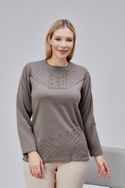 Jinx Wear Fashion Kadın Triko Yaka İnci Detay Kışlık Orta Yaş Günlük Anne Blu...