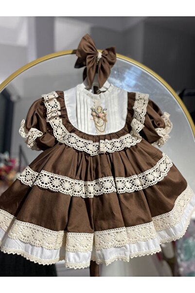 Sare Çocuk Giyim Καφέ Vintage Φόρεμα Πριγκίπισσας με κορδόνια + Πόρπη