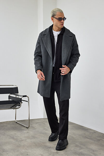 MADZEYMODA Premium Men's Oversized Pattern Buttonless Anthracite Cashmere Coat Ls-56158
