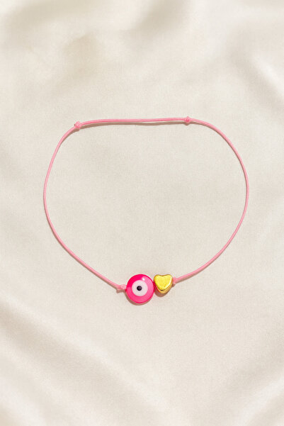 Femenino Pembe Sedefli Nazar Boncuk Gold Kalp Detaylı İp Bileklik
