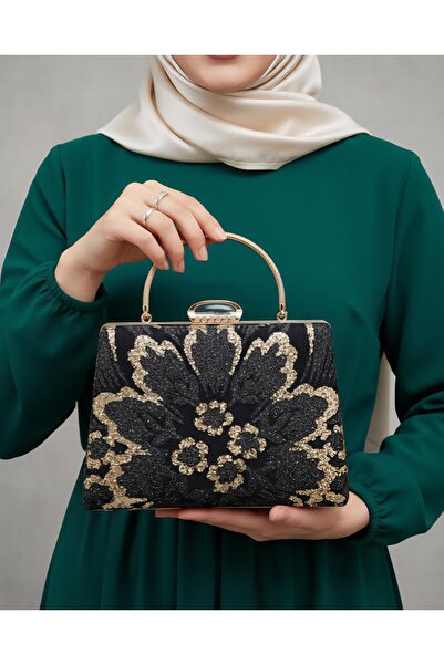 Telli Art Işıltılı Siyah Altın Desenli Zarif El ve Omuz Çantası (15×23 cm)