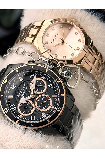 Ferrucci Couple Watches, Black Rose Color Steel Band, Gift in Separate Boxes with Bracelet Gift