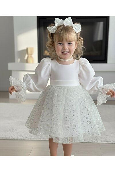 Tinypeople Kız çocuk pelerini beyaz abiye yıldızlı abiye elbise çocuk doğum günü elbisesi pelerinli elbise