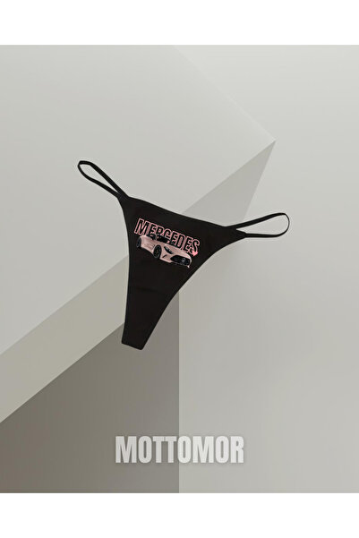 MOTTOMOR String Pamuklu Tanga Kadın İpli Lastikli Pembe Mercedes Baskılı Model