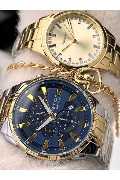 Ferrucci Couple Watches, Navy Blue Silver Color Steel Band, Gift in Separate Boxes with Bracelet Gift