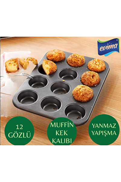 EVİMA 12-Piece Black Color Fireproof Non-Stick Muffin Cake Mold