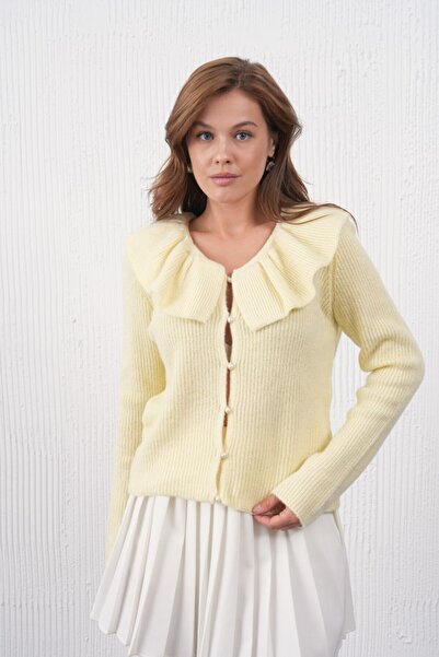 Noi Belis Flounce Beaded Button Detailed Knitwear Cardigan Aw25Hi0050