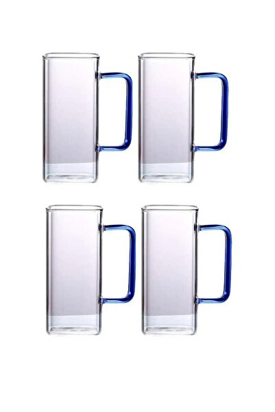 Atlas Mutfak كوب زجاجي مربع من الجيل الجديد بمقبض أزرق للاتيه والمشروبات الغا...