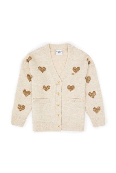 U.S. Polo Assn. Girl's Cream Glitter Heart Patterned Buttoned V-Neck Knitwear Cardigan 50317620-Vr256