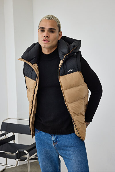 MADZEYMODA Premium ανδρικό γιλέκο με κουκούλα χοντρό καμηλό χρώμα LS-59293