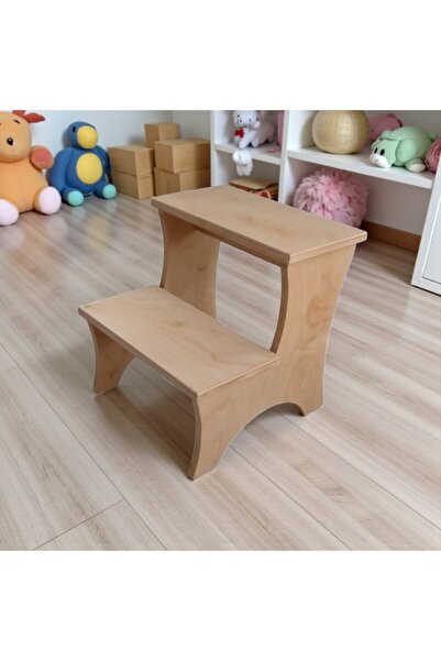 Grafiza El Yapımı Ahşap Tabure Merdiven | Çocuk Taburesi Mutfak Basamağı - Doğal Ahşap Rengi