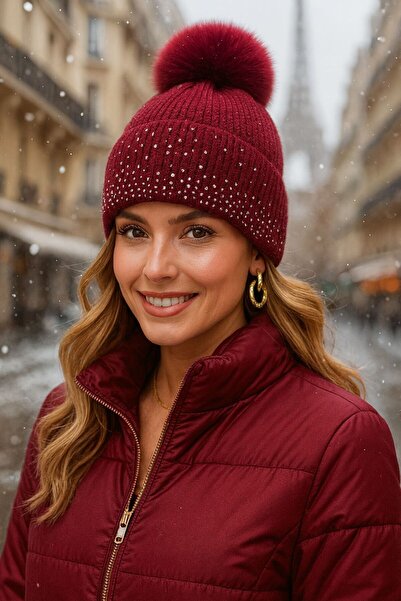 BALIENTE Beretă pentru femei cu broderie de piatră burgundă