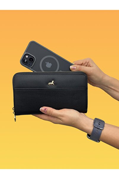 shiny ever Large Size Women's Leather Handbag Wallet with Phone Compartment Black with Gold Detail