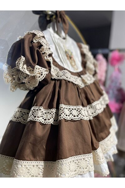 Sare Çocuk Giyim Καφέ Vintage Φόρεμα Πριγκίπισσας με κορδόνια + Πόρπη