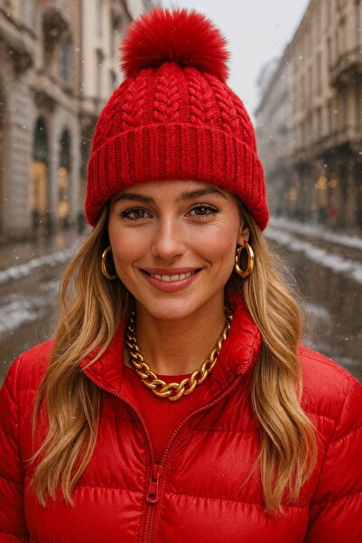 BALIENTE Tricotaj roșu tricotat cu pompon pentru femei