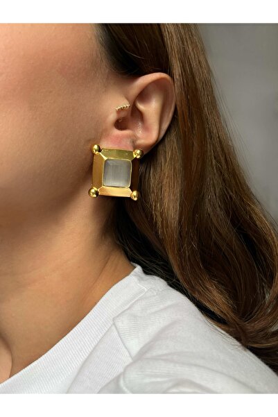 Font Natural Stone Square Design Gold Earrings