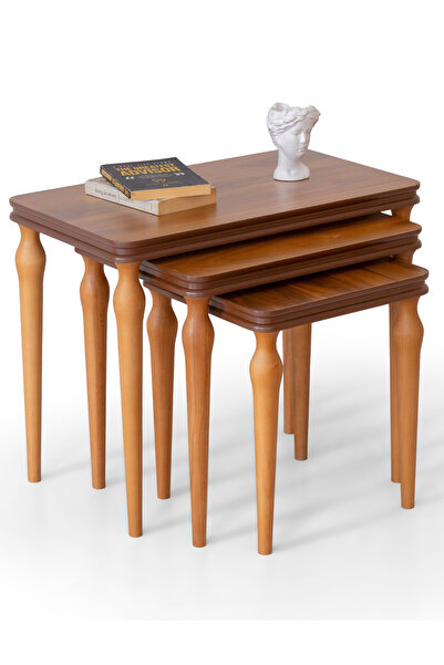 Mobievim Efes Ceviz Renk Ahşap Demonte 3’lü Zigon Sehpa Seti – Klasik Tornalı...