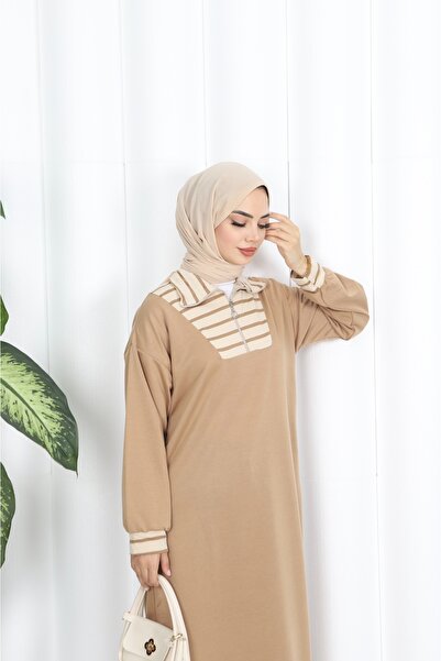 NİSUM MODA Ριγέ φόρεμα με φερμουάρ και δύο κορδόνια