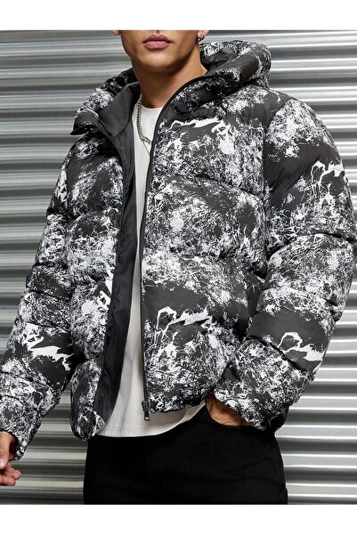 TREND KOMBİN Чоловічий чорний водонепроникний та вітрозахисний пуховик з білим принтом