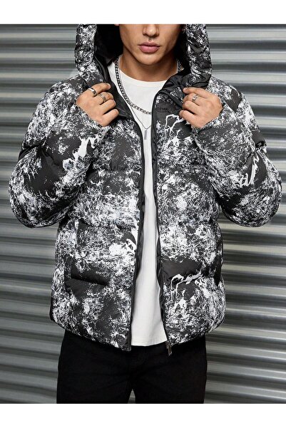 TREND KOMBİN Erkek Siyah Su ve Rüzgar Geçirmez Beyaz Baskılı Şişme Mont