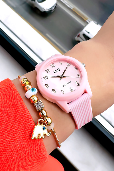 Q&Q 10 Atm Water Resistant Quartz Women's Wristwatch Pink Color Silicone Band - Gift Bracelet Qqb2001C2