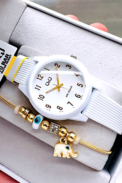 Q&Q 10 Atm Water Resistant Quartz Women's Wristwatch White Color Silicone Band - Gift Bracelet Qqb2001C1