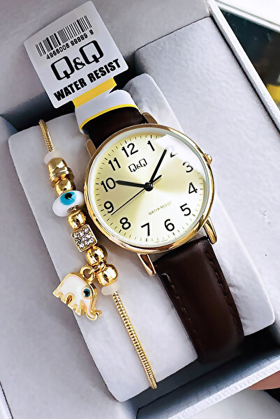 Q&Q 3 Atm Water Resistant Quartz Women's Wristwatch Brown Leather Band - Gift Bracelet Qqb2001C4