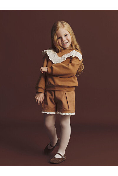 LC Waikiki Brown Crew Neck Ruffled Girls' Sweatshirt