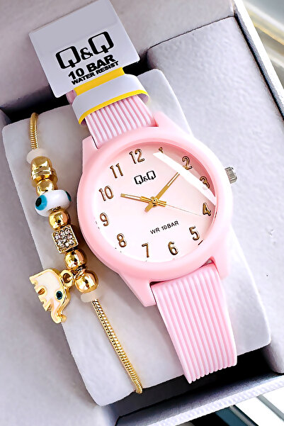 Q&Q 10 Atm Water Resistant Quartz Women's Wristwatch Pink Color Silicone Band - Gift Bracelet Qqb2001C2