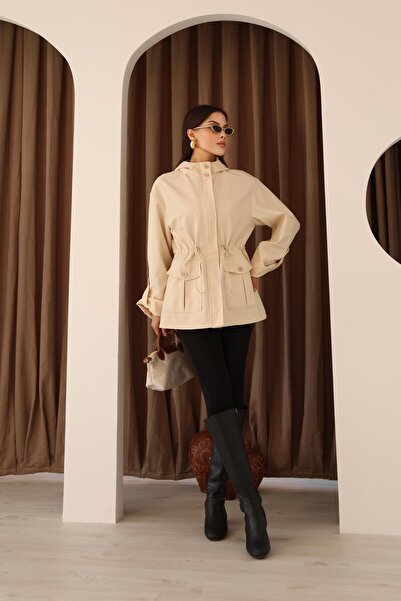 Hazel Kadın Taş Kapüşonlu Katlama Kol Detaylı Trençkot