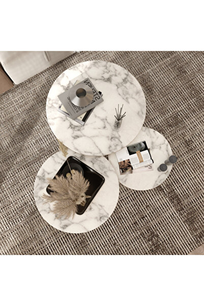 klubeconcept Mermer Desenli Modern Orta Sehpa Seti 3’lü Yivli Silindirik Ayak...