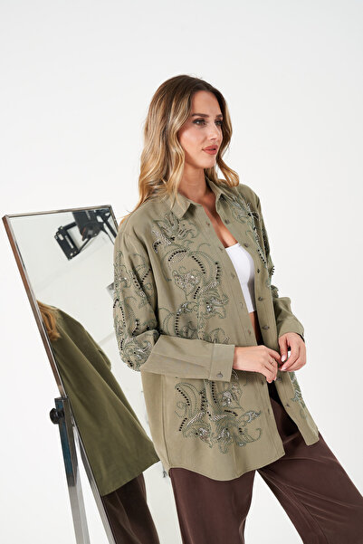 MİA NOURA Women's Front Sleeves Beaded Embroidered Tansel Fabric Shirt and Pants Set